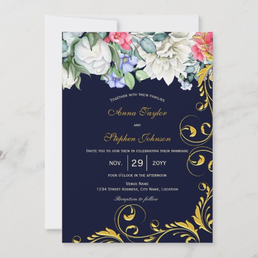 ネイビーブルーホワイトブルーピンク金ゴールドスワーズ植物体 招待状 (正面)