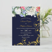 ネイビーブルーホワイトブルーピンク金ゴールドスワーズ植物体 招待状 (スタンド正面)