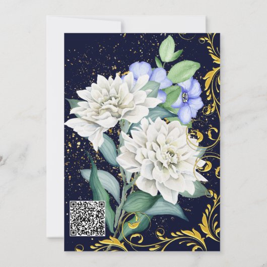 ネイビーブルーホワイトブルーピンク金ゴールドスワーズ植物体 招待状 (裏面)