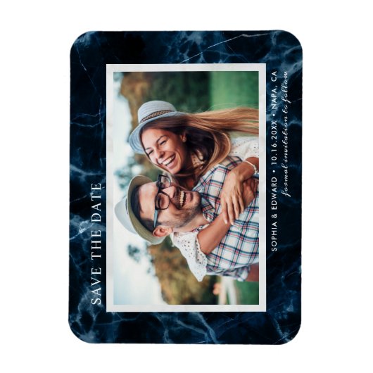 ネイビーブルーホワイトマーブル日付写真を保存 マグネット (縦)