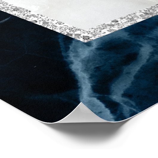 ネイビーブルーホワイトマーブル結婚のウェルカムサイン ポスター (角)