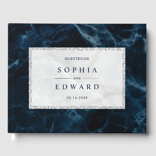 ネイビーブルーホワイトマーブル結婚ズゲストブック ゲストブック (正面)