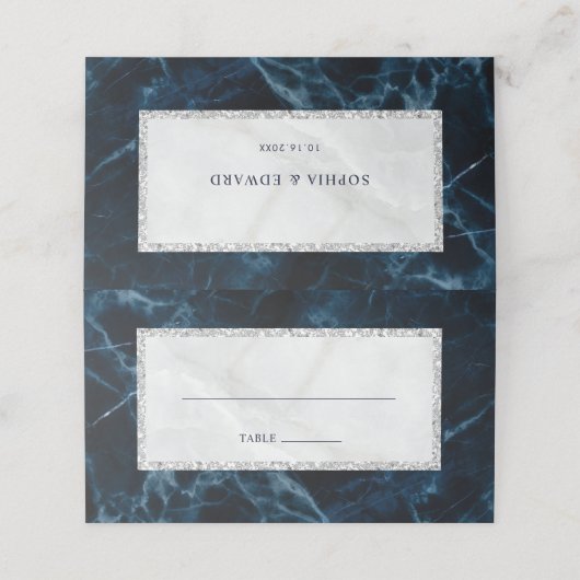 ネイビーブルーホワイトマーブル結婚ズテーブル プレイスカード (外部開封)