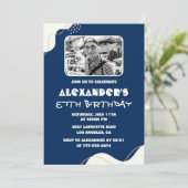 ネイビーブルーホワイトメンズ写真87歳の誕生日 招待状 (スタンド正面)