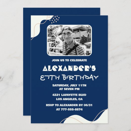 ネイビーブルーホワイトメンズ写真87歳の誕生日 招待状 (正面/裏面)