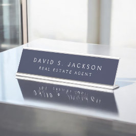ネイビーブルーホワイトモダンプロフェッショナルクラス デスクネームプレート
