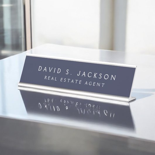 ネイビーブルーホワイトモダンプロフェッショナルクラス デスクネームプレート