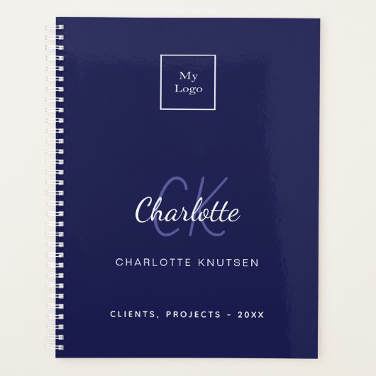ネイビーブルーホワイトモノグラムのビジネスロゴ プランナー手帳 (正面)