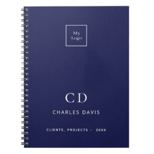 ネイビーブルーホワイトモノグラムイニシャルビジネスロゴ ノートブック