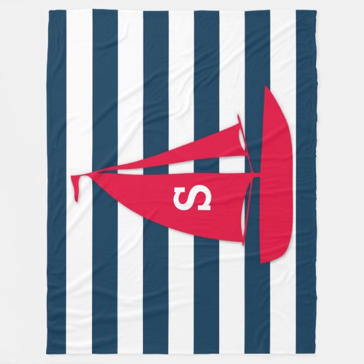 ネイビーブルーホワイトモノグラムストライプのレッドボート航海の フリースブランケット (正面)