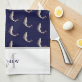 ネイビーブルーホワイトモノグラム名トラウト模様 キッチンタオル (四つ折り)