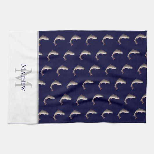ネイビーブルーホワイトモノグラム名トラウト模様 キッチンタオル (横)
