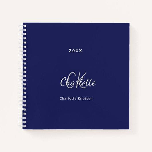 ネイビーブルーホワイトモノグラム名ミニマル主義者 ノートブック (正面)