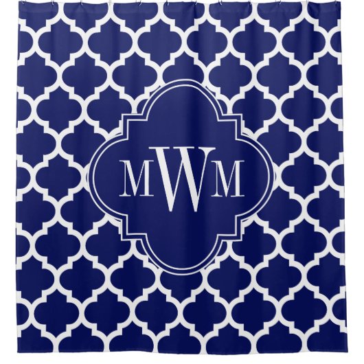 ネイビーブルーホワイトモロッコ#5ネイビーブルー3Iモノグラム シャワーカーテン (正面)