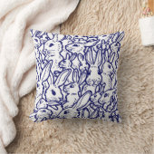 ネイビーブルーホワイトラビットバニースケッチかわいいユニーク クッション (ブランケット)