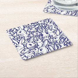 ネイビーブルーホワイトラビットバニースケッチかわいいユニーク スクエアペーパーコースター