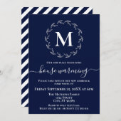 ネイビーブルーホワイトリースモノグラムハウスウォーミング 案内状 (正面/裏面)