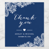 ネイビーブルーホワイトレースエレガントな結婚式ありがとう ワインラベル (シングルラベル)