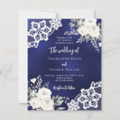ネイビーブルーホワイトレースフローラ結婚式招待状 (正面)