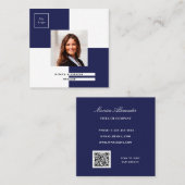 ネイビーブルーホワイトロゴ写真QRコード スクエア名刺 (正面/裏面)