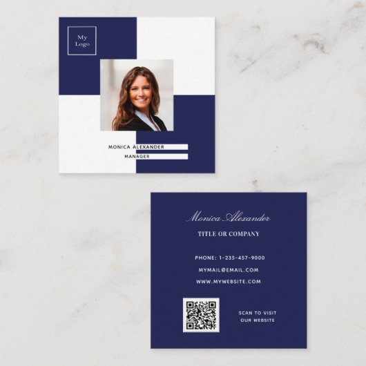 ネイビーブルーホワイトロゴ写真QRコード スクエア名刺 (正面/裏面)