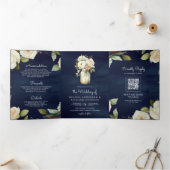 ネイビーブルーホワイトローズメイソンジャーQRコード結婚ズ 三つ折り招待状 (内部)