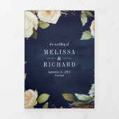 ネイビーブルーホワイトローズメイソンジャーQRコード結婚ズ 三つ折り招待状 (カバー)