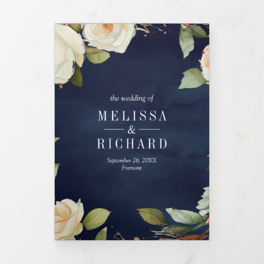 ネイビーブルーホワイトローズメイソンジャーQRコード結婚ズ 三つ折り招待状 (カバー)