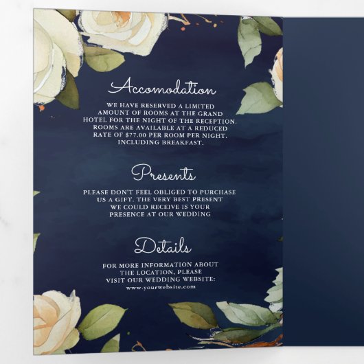 ネイビーブルーホワイトローズメイソンジャーQRコード結婚ズ 三つ折り招待状 (内部最初)