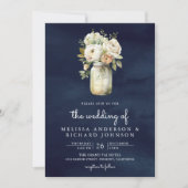 ネイビーブルーホワイトローズメイソンジャーQRコード結婚ズ 招待状 (正面)