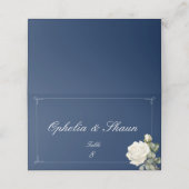 ネイビーブルーホワイトローズ結婚ズ折り畳み座席表 プレイスカード (外部開封)