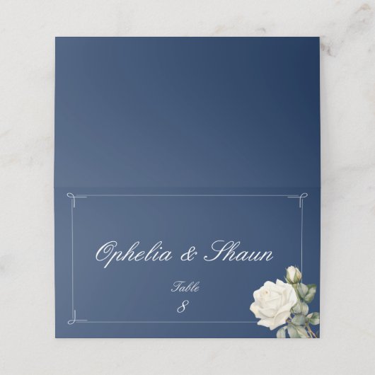 ネイビーブルーホワイトローズ結婚ズ折り畳み座席表 プレイスカード (外部開封)