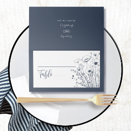 ネイビーブルーホワイトワイルドフラワーミニマルフローラ プレイスカード