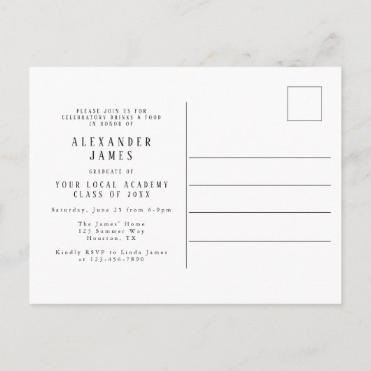 ネイビーブルーホワイト写真卒業 インビテーションポストカード (裏面)