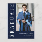 ネイビーブルーホワイト写真卒業 インビテーションポストカード (正面)
