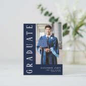 ネイビーブルーホワイト写真卒業 インビテーションポストカード (スタンド正面)