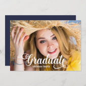 ネイビーブルーホワイト卒業大学パーティー写真 招待状 (正面/裏面)