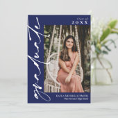 ネイビーブルーホワイト書道写真卒業 招待状 (スタンド正面)