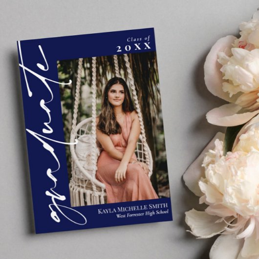 ネイビーブルーホワイト書道写真卒業 招待状