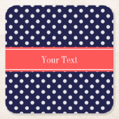 ネイビーブルーホワイト水玉模様コーラルネームモノグラム スクエアペーパーコースター (正面)