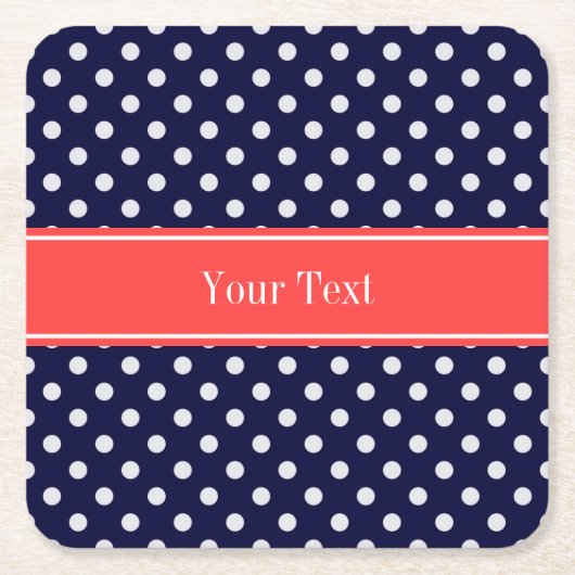 ネイビーブルーホワイト水玉模様コーラルネームモノグラム スクエアペーパーコースター (正面)