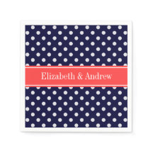 ネイビーブルーホワイト水玉模様コーラルネームモノグラム