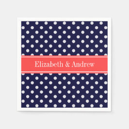 ネイビーブルーホワイト水玉模様コーラルネームモノグラム スタンダードカクテルナプキン