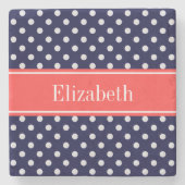 ネイビーブルーホワイト水玉模様コーラルネームモノグラム ストーンコースター (正面)