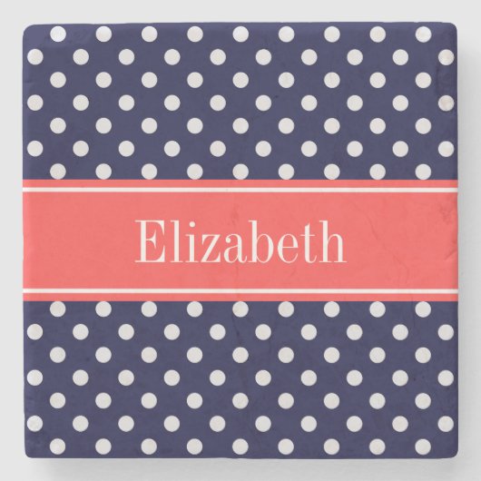 ネイビーブルーホワイト水玉模様コーラルネームモノグラム ストーンコースター (正面)