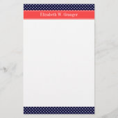 ネイビーブルーホワイト水玉模様コーラルネームモノグラム 便箋 (正面)