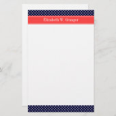 ネイビーブルーホワイト水玉模様コーラルネームモノグラム 便箋 (正面/裏面)