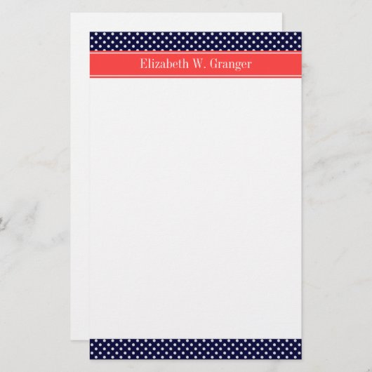 ネイビーブルーホワイト水玉模様コーラルネームモノグラム 便箋