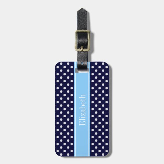 ネイビーブルーホワイト水玉模様スカイブルーネームモノグラム ラゲッジタグ (正面縦)