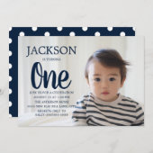 ネイビーブルーホワイト水玉模様チャイルドの1歳 招待状 (正面/裏面)